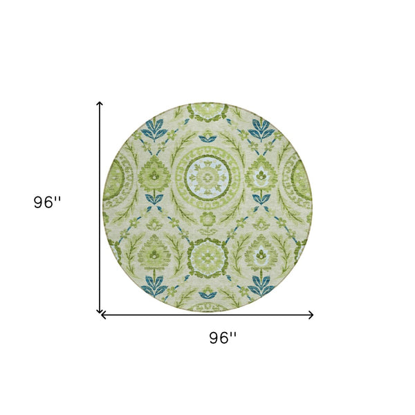 Homeroots 3' Floral Washable Area Rug In Artichoke Green And Blue - Perfect For Indoor And Outdoor Spaces 8' Round Polyester 584892