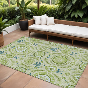 Homeroots 3' Floral Washable Area Rug In Artichoke Green And Blue - Perfect For Indoor And Outdoor Spaces 8' X 10' Polyester 584893