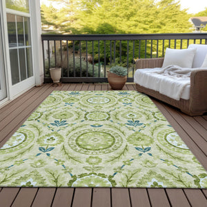 Homeroots 3' Floral Washable Area Rug In Artichoke Green And Blue - Perfect For Indoor And Outdoor Spaces 9' X 12' Polyester 584894