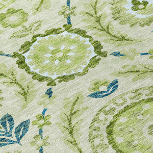 Homeroots 3' Floral Washable Area Rug In Artichoke Green And Blue - Perfect For Indoor And Outdoor Spaces 9' X 12' Polyester 584894