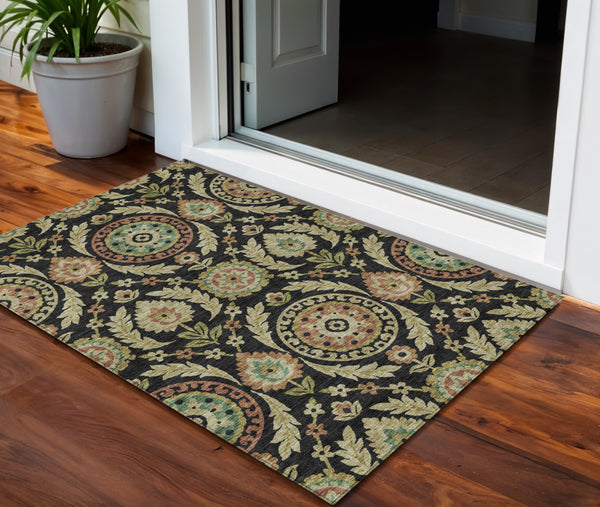 Homeroots 3' Floral Washable Area Rug In Artichoke Green And Blue - Perfect For Indoor And Outdoor Spaces 3' X 5' Polyester 584896