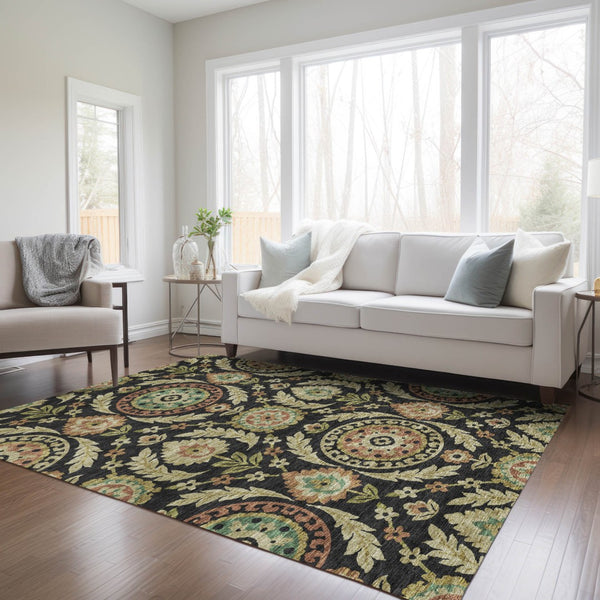 Homeroots 3' Floral Washable Area Rug In Artichoke Green And Blue - Perfect For Indoor And Outdoor Spaces 3' X 5' Polyester 584896