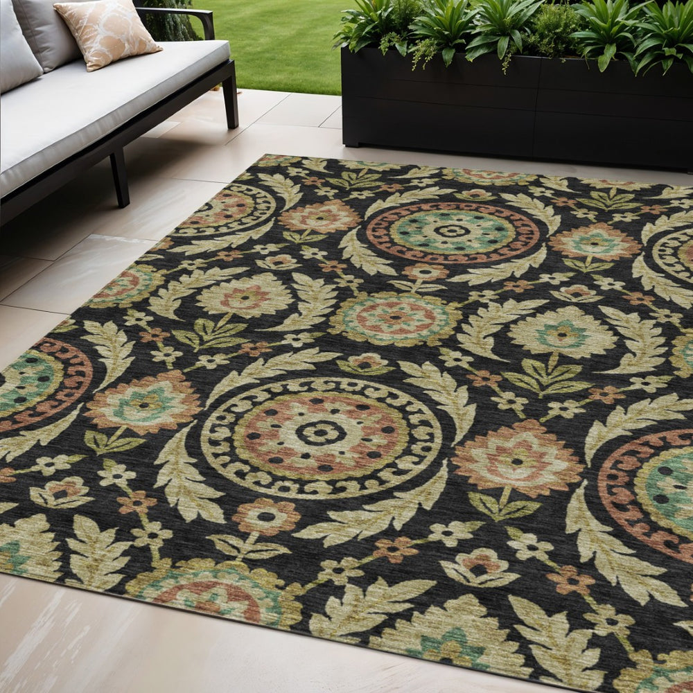 HomeRoots 5' Timeless Floral Washable Indoor Outdoor Area Rug in Black, Gold & Copper for Elegant Spaces 5' X 8' 584897