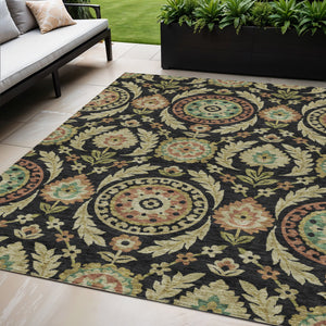 Homeroots 3' Floral Washable Area Rug In Artichoke Green And Blue - Perfect For Indoor And Outdoor Spaces 5' X 8' Polyester 584897