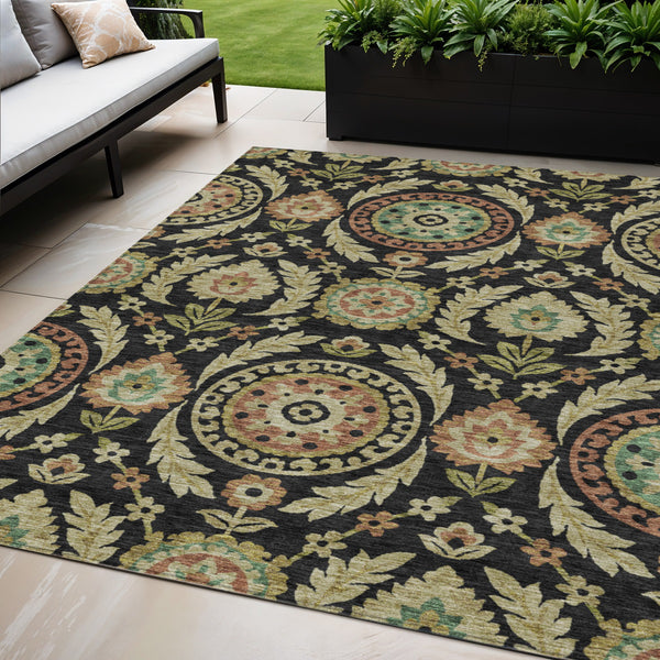 Homeroots 3' Floral Washable Area Rug In Artichoke Green And Blue - Perfect For Indoor And Outdoor Spaces 5' X 8' Polyester 584897