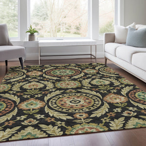 Homeroots 3' Floral Washable Area Rug In Artichoke Green And Blue - Perfect For Indoor And Outdoor Spaces 5' X 8' Polyester 584897