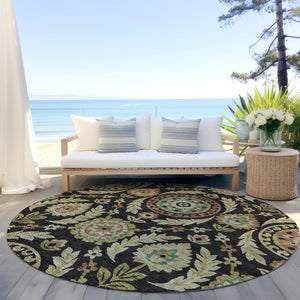 Homeroots 3' Floral Washable Area Rug In Artichoke Green And Blue - Perfect For Indoor And Outdoor Spaces 8' Round Polyester 584898