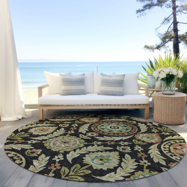 Homeroots 3' Floral Washable Area Rug In Artichoke Green And Blue - Perfect For Indoor And Outdoor Spaces 8' Round Polyester 584898