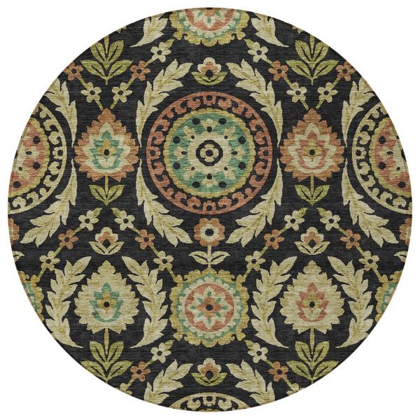 Homeroots 3' Floral Washable Area Rug In Artichoke Green And Blue - Perfect For Indoor And Outdoor Spaces 8' Round Polyester 584898