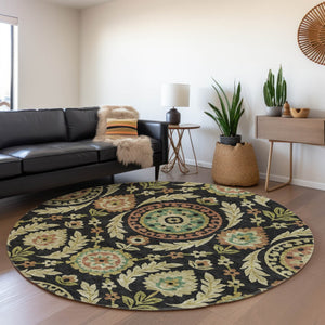 Homeroots 3' Floral Washable Area Rug In Artichoke Green And Blue - Perfect For Indoor And Outdoor Spaces 8' Round Polyester 584898