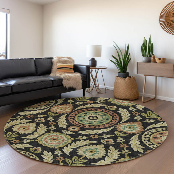 Homeroots 3' Floral Washable Area Rug In Artichoke Green And Blue - Perfect For Indoor And Outdoor Spaces 8' Round Polyester 584898