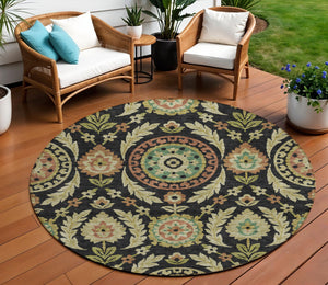 Homeroots 3' Floral Washable Area Rug In Artichoke Green And Blue - Perfect For Indoor And Outdoor Spaces 8' Round Polyester 584898