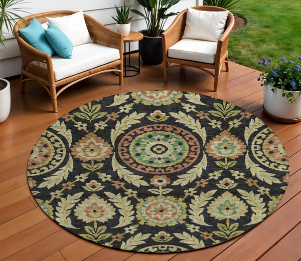 Homeroots 3' Floral Washable Area Rug In Artichoke Green And Blue - Perfect For Indoor And Outdoor Spaces 8' Round Polyester 584898
