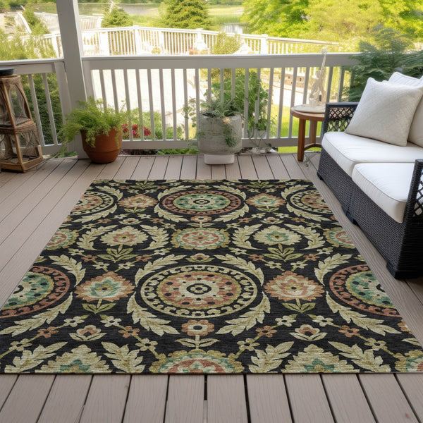 Homeroots 3' Floral Washable Area Rug In Artichoke Green And Blue - Perfect For Indoor And Outdoor Spaces 8' X 10' Polyester 584899