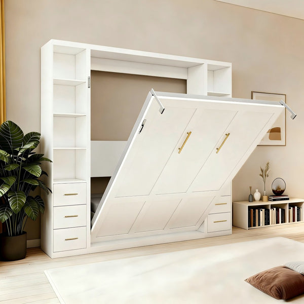 English Elm Desk Murphy Wall Bed Queen with Side Storage Cabinets for Home Office Study W5290S00003