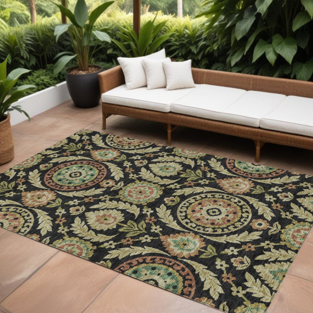 HomeRoots 9' Black Gold and Copper Floral Washable Area Rug - Durable, Stylish for Indoor & Outdoor Spaces 9' X 12' 584900