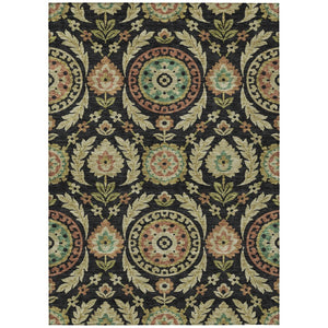 HomeRoots 5' Timeless Floral Washable Indoor Outdoor Area Rug in Black, Gold & Copper for Elegant Spaces 10' X 14' 584901