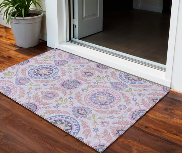 Homeroots 3' Floral Washable Area Rug In Artichoke Green And Blue - Perfect For Indoor And Outdoor Spaces 3' X 5' Polyester 584902