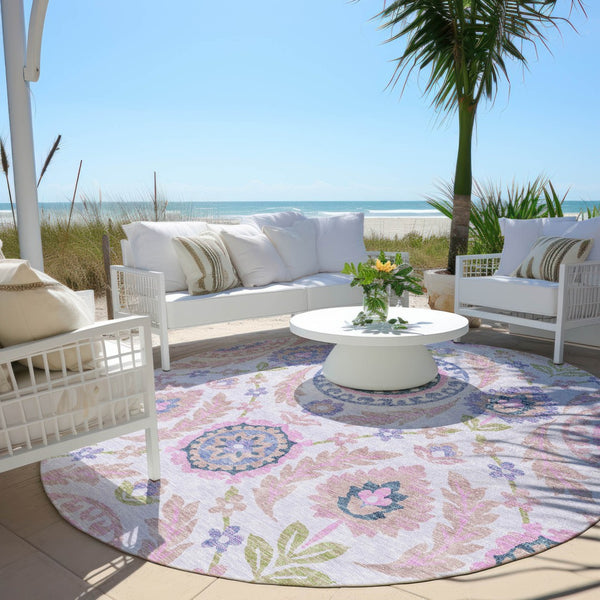 Homeroots 3' Floral Washable Area Rug In Artichoke Green And Blue - Perfect For Indoor And Outdoor Spaces 8' Round Polyester 584904