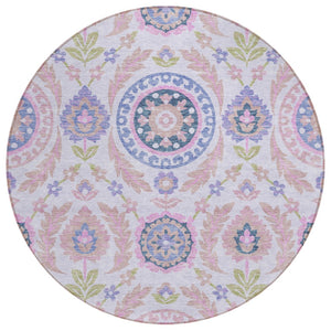 HomeRoots 5' Floral Area Rug in Blush Lavender and Purple - Durable, Washable Design for Indoor and Outdoor Use 8' Round 584904