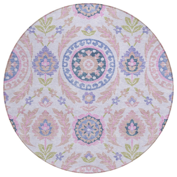 HomeRoots 5' Floral Area Rug in Blush Lavender and Purple - Durable, Washable Design for Indoor and Outdoor Use 8' Round 584904