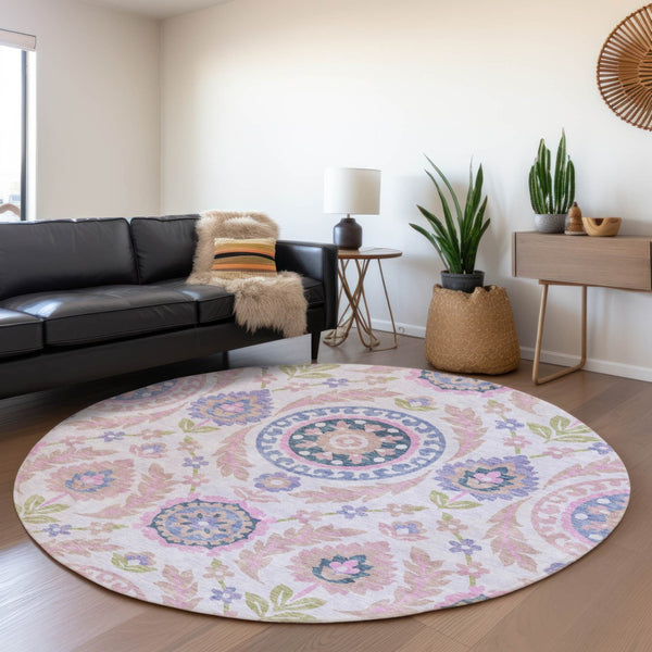 Homeroots 3' Floral Washable Area Rug In Artichoke Green And Blue - Perfect For Indoor And Outdoor Spaces 8' Round Polyester 584904