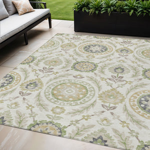 Homeroots 3' Floral Washable Area Rug In Artichoke Green And Blue - Perfect For Indoor And Outdoor Spaces 5' X 8' Polyester 584909