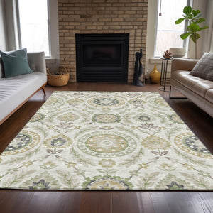 Homeroots 3' Floral Washable Area Rug In Artichoke Green And Blue - Perfect For Indoor And Outdoor Spaces 5' X 8' Polyester 584909