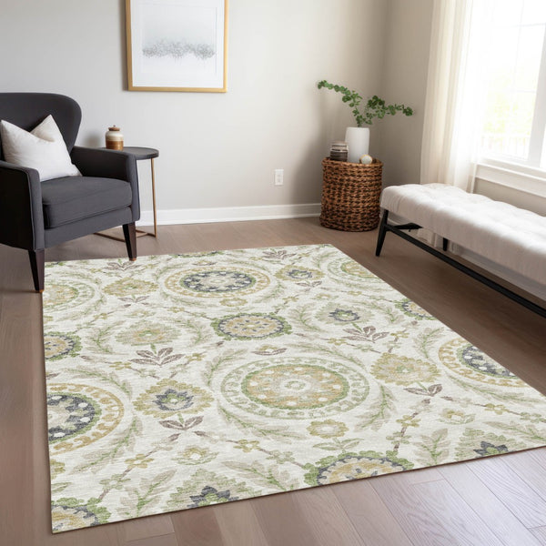 Homeroots 3' Floral Washable Area Rug In Artichoke Green And Blue - Perfect For Indoor And Outdoor Spaces 5' X 8' Polyester 584909
