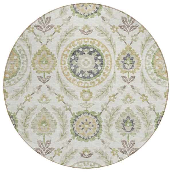 HomeRoots 5' Classic Floral Indoor Outdoor Area Rug in Ivory, Beige, and Taupe - Durable, Washable, Versatile Design 8' Round 584910