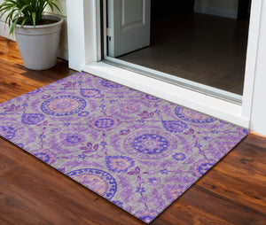 Homeroots 3' Floral Washable Area Rug In Artichoke Green And Blue - Perfect For Indoor And Outdoor Spaces 3' X 5' Polyester 584914