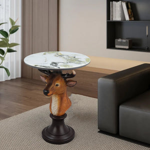 English Elm Horse Head Sculpted Resin End Table with Faux Marble Top for Bold Living Rooms W5398P454677