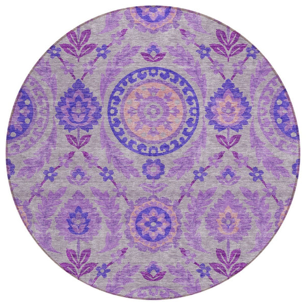 HomeRoots 5' Floral Area Rug in Lavender Lilac and Gray - Durable, Washable, Stylish for Indoor and Outdoor Use 8' Round 584916