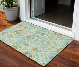 Homeroots 3' Floral Washable Area Rug In Artichoke Green And Blue - Perfect For Indoor And Outdoor Spaces 3' X 5' Polyester 584920