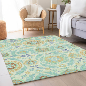 Homeroots 3' Floral Washable Area Rug In Artichoke Green And Blue - Perfect For Indoor And Outdoor Spaces 3' X 5' Polyester 584920