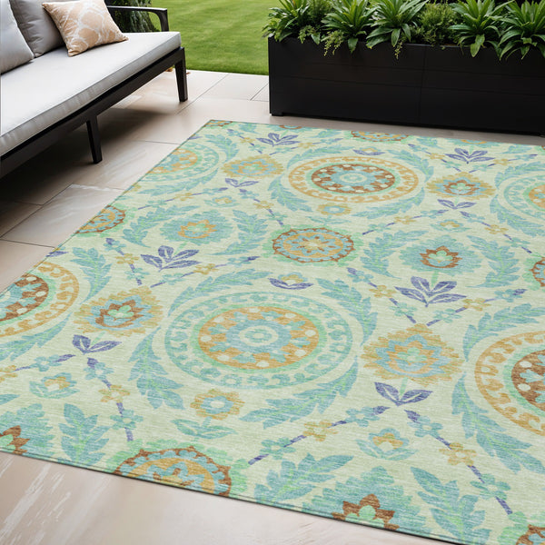 Homeroots 3' Floral Washable Area Rug In Artichoke Green And Blue - Perfect For Indoor And Outdoor Spaces 5' X 8' Polyester 584921