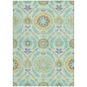 Homeroots 3' Floral Washable Area Rug In Artichoke Green And Blue - Perfect For Indoor And Outdoor Spaces 5' X 8' Polyester 584921