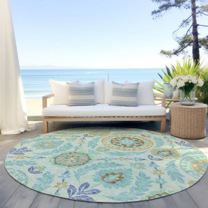 Homeroots 3' Floral Washable Area Rug In Artichoke Green And Blue - Perfect For Indoor And Outdoor Spaces 8' Round Polyester 584922