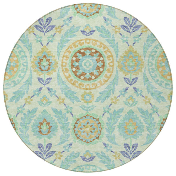 Homeroots 3' Floral Washable Area Rug In Artichoke Green And Blue - Perfect For Indoor And Outdoor Spaces 8' Round Polyester 584922