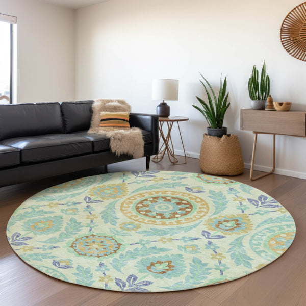 Homeroots 3' Floral Washable Area Rug In Artichoke Green And Blue - Perfect For Indoor And Outdoor Spaces 8' Round Polyester 584922