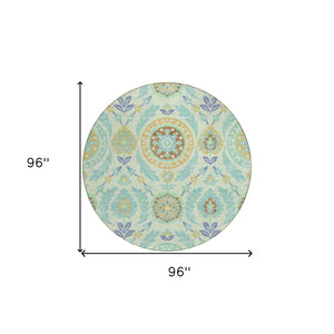 Homeroots 3' Floral Washable Area Rug In Artichoke Green And Blue - Perfect For Indoor And Outdoor Spaces 8' Round Polyester 584922
