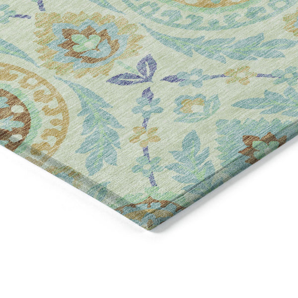 Homeroots 3' Floral Washable Area Rug In Artichoke Green And Blue - Perfect For Indoor And Outdoor Spaces 8' X 10' Polyester 584923
