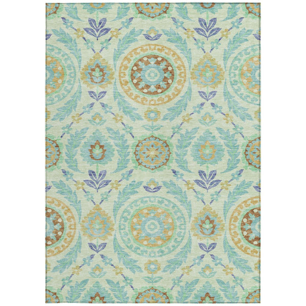 Homeroots 3' Floral Washable Area Rug In Artichoke Green And Blue - Perfect For Indoor And Outdoor Spaces 8' X 10' Polyester 584923