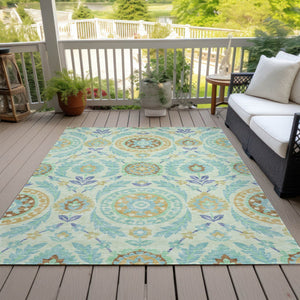 Homeroots 3' Floral Washable Area Rug In Artichoke Green And Blue - Perfect For Indoor And Outdoor Spaces 9' X 12' Polyester 584924