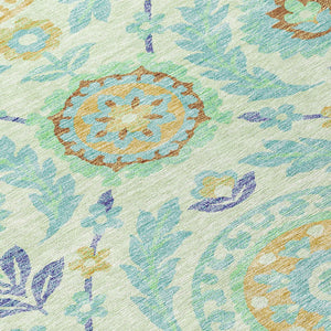 Homeroots 3' Floral Washable Area Rug In Artichoke Green And Blue - Perfect For Indoor And Outdoor Spaces 10' X 14' Polyester 584925