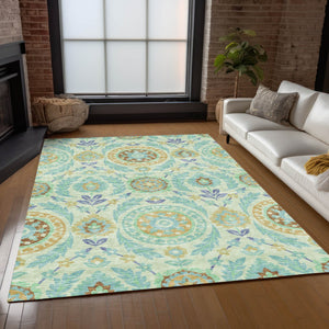 Homeroots 3' Floral Washable Area Rug In Artichoke Green And Blue - Perfect For Indoor And Outdoor Spaces 10' X 14' Polyester 584925