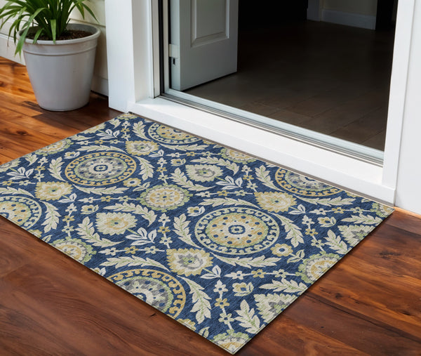 Homeroots 3' Floral Washable Area Rug In Artichoke Green And Blue - Perfect For Indoor And Outdoor Spaces 3' X 5' Polyester 584926