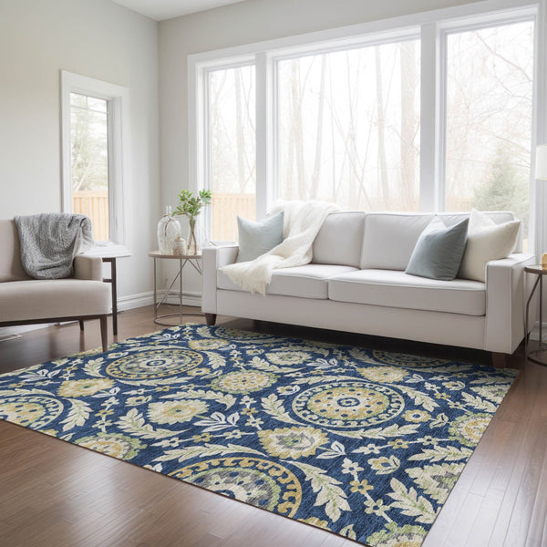 Homeroots 3' Floral Washable Area Rug In Artichoke Green And Blue - Perfect For Indoor And Outdoor Spaces 3' X 5' Polyester 584926