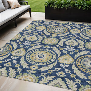 Homeroots 3' Floral Washable Area Rug In Artichoke Green And Blue - Perfect For Indoor And Outdoor Spaces 5' X 8' Polyester 584927