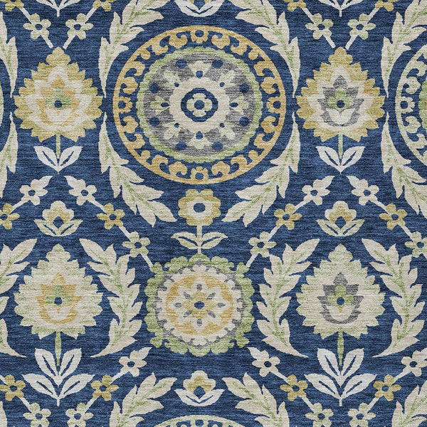 Homeroots 3' Floral Washable Area Rug In Artichoke Green And Blue - Perfect For Indoor And Outdoor Spaces 5' X 8' Polyester 584927